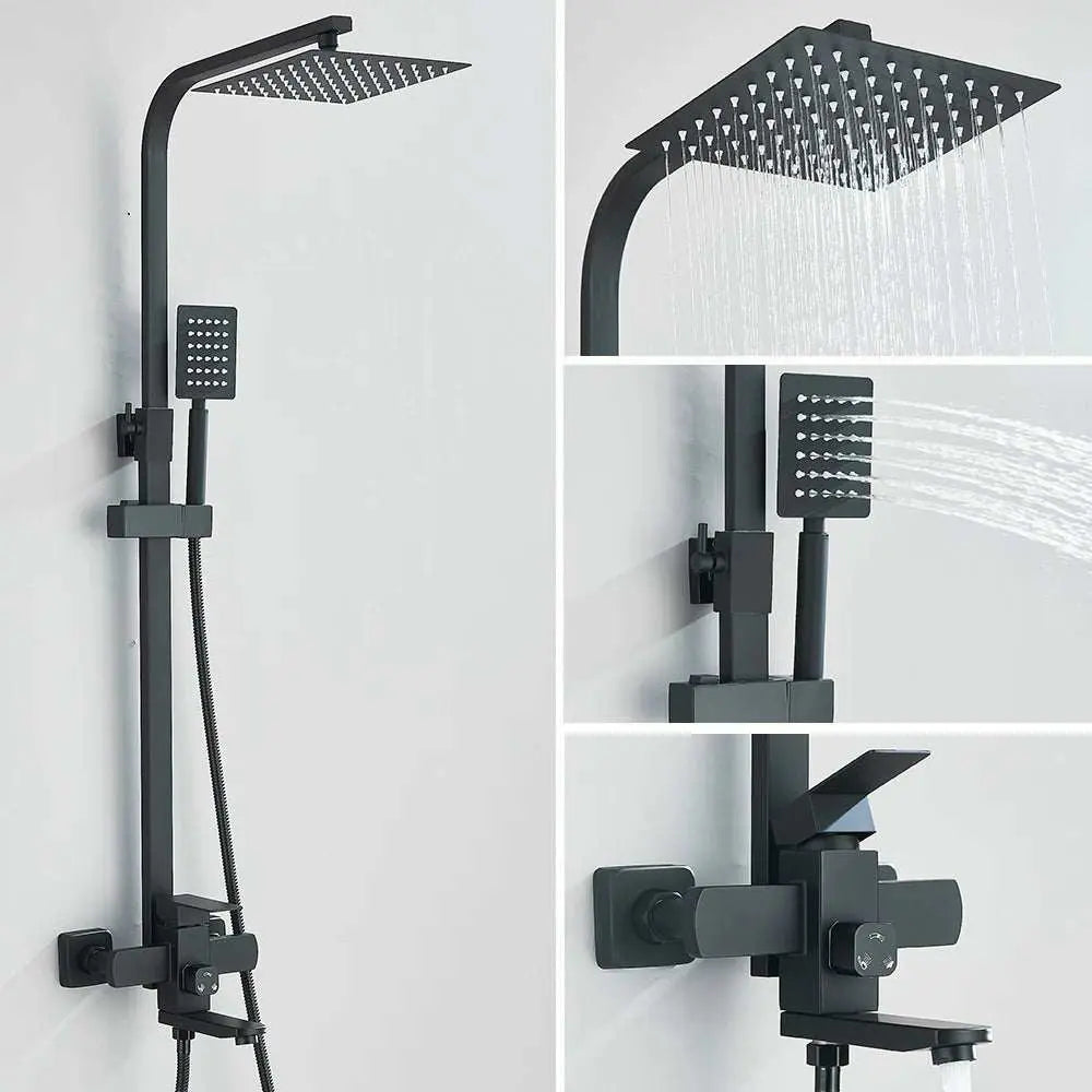 Modern matte black shower system with square rainfall showerhead, handheld spray, and swivel spout faucet for bathroom bathtub.