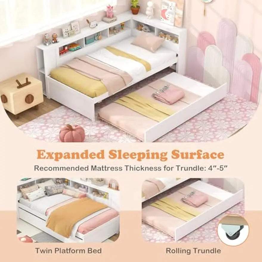 Twin Daybed with Trundle, Wood Twin Bed Frames with Storage Headboard, Reversible Bookcase, Bedside Shelves & Wooden Slats,