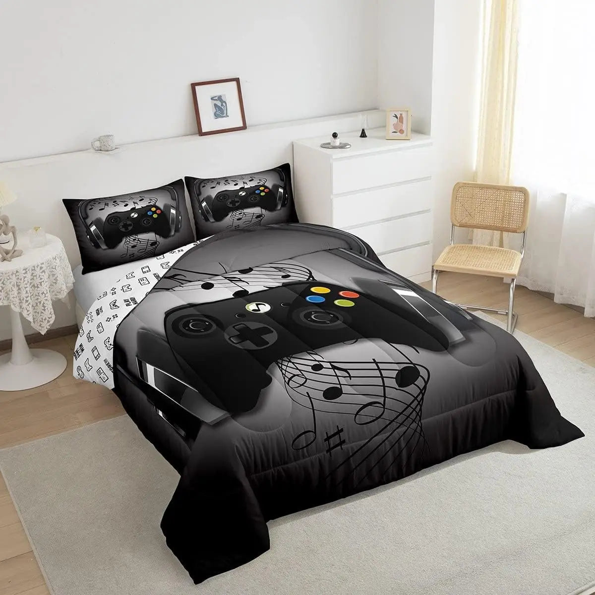 Gamer Comforter Set Queen,Black Grey Headphones Musical Design Games Gamepad Bedding Set Video Game Room Decor Retro Playing Gamer down Comforter Gaming Controller Quilted Duvet Set
