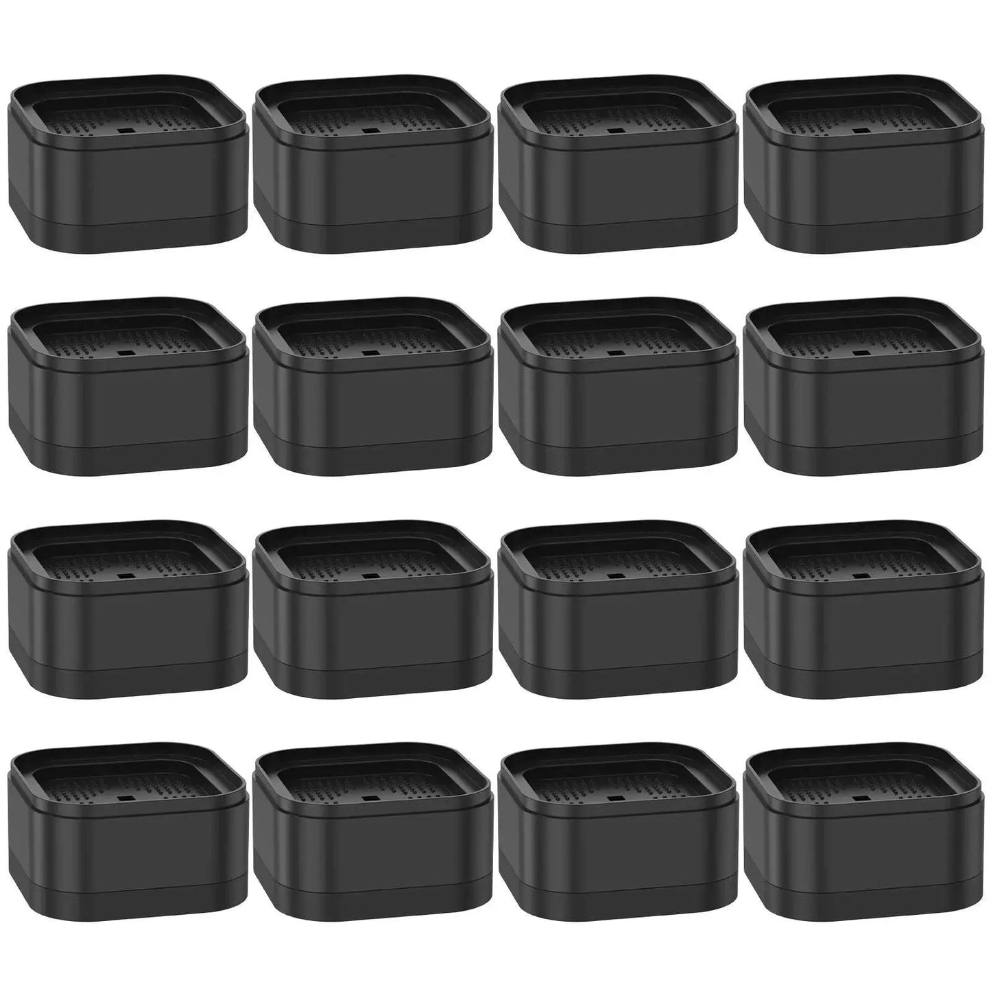 Set of 16 black heavy-duty plastic furniture risers for bed, chair, and table height adjustment with non-slip design and stackable feature.