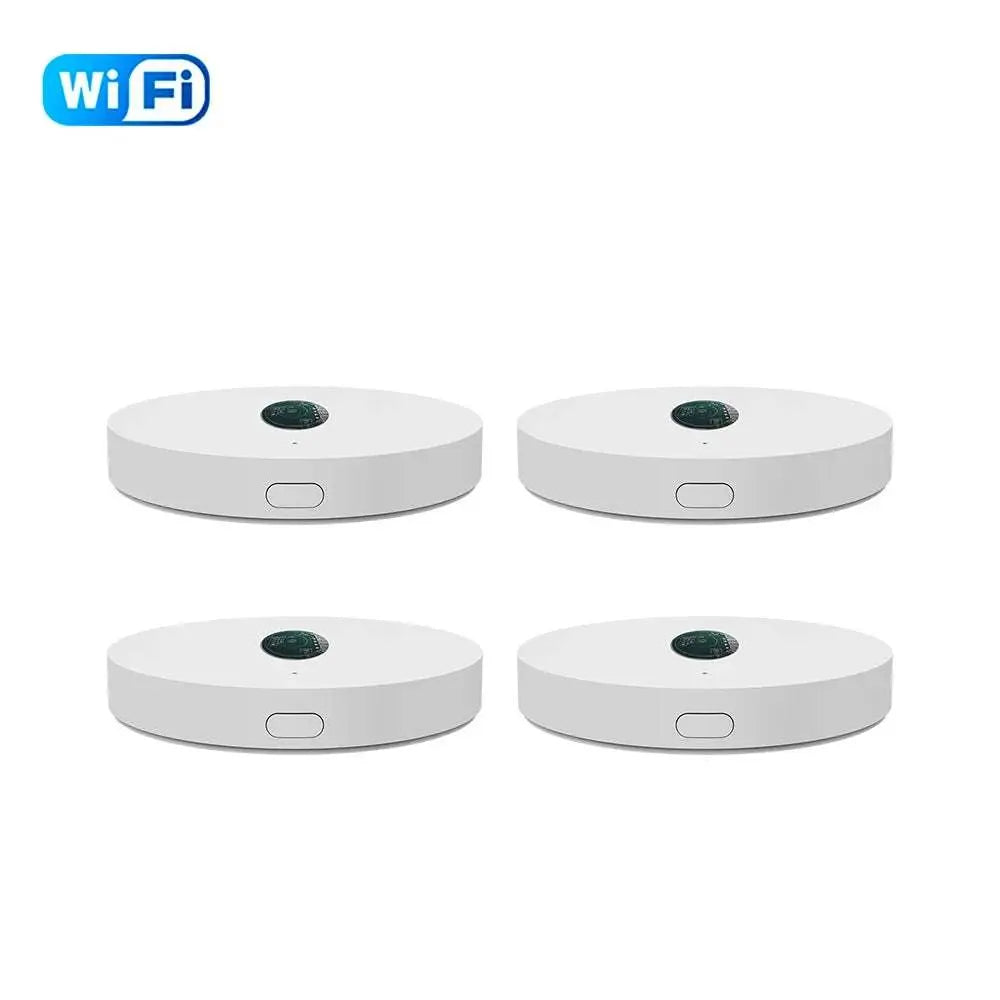 Set of four Tuya Wifi Light Sensor white round luminance detectors for smart home automation.