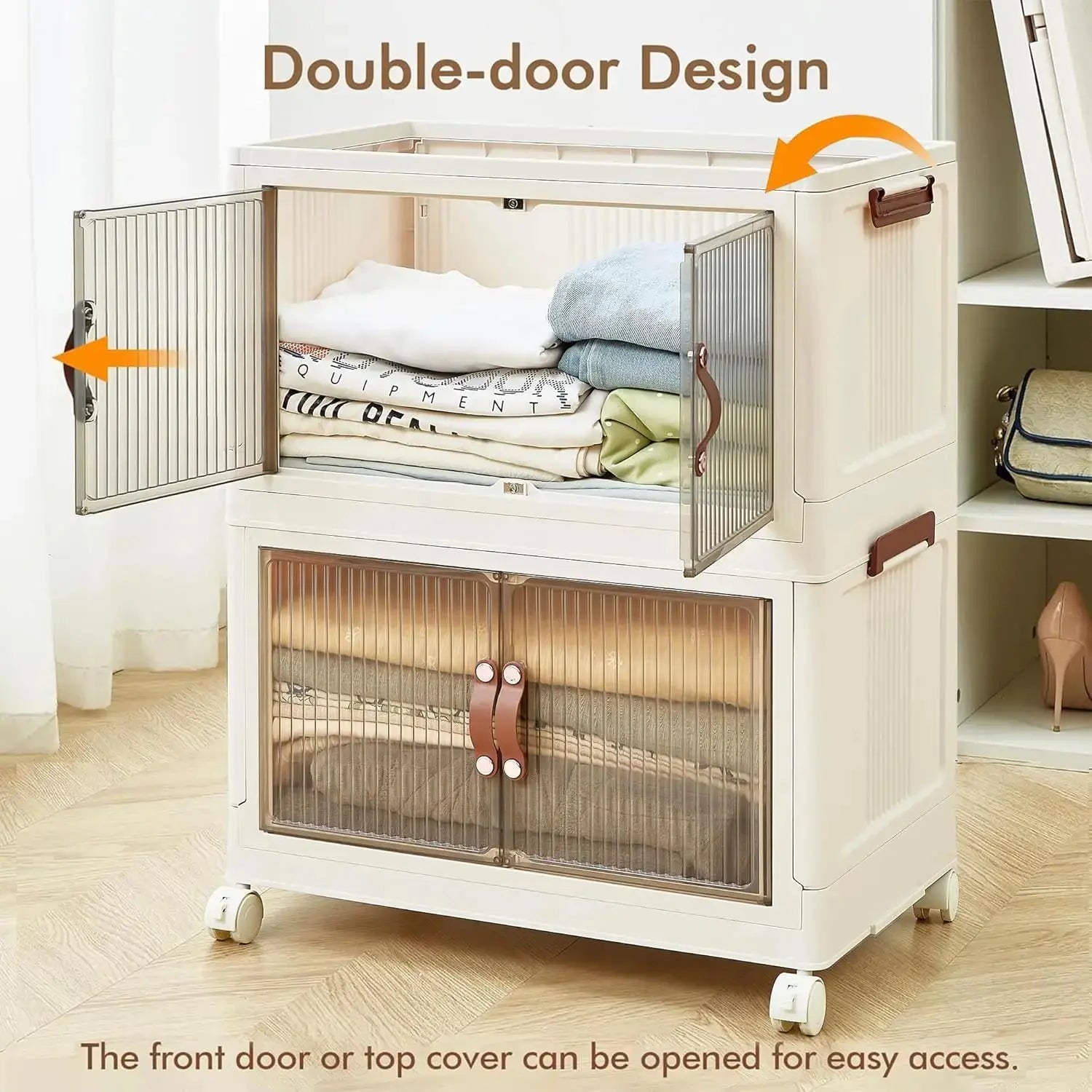 3-Tier Foldable Storage Box with Wheels, Stackable Collapsible Storage Box Portable Organizer Versatile Closet for Home/Office