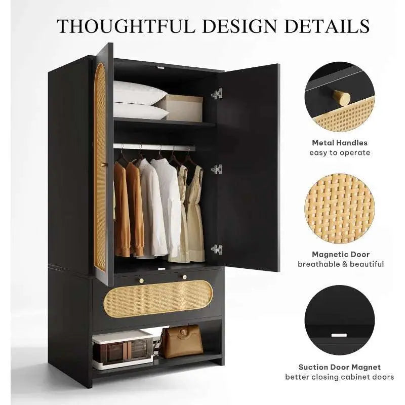 Black rattan armoire wardrobe with metal handles, magnetic doors, hanging rod, drawers, and open storage cabinet.