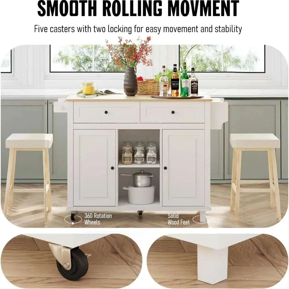 White rolling kitchen island with wood countertop, two drawers, storage cabinets, drop leaf, and swivel wheels for easy mobility