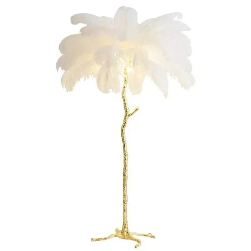 Nordic LED floor lamp with white ostrich feather shade and gold maple leaf textured copper stand for modern living room decor