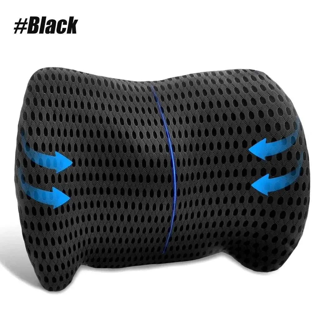 Black memory foam lumbar support pillow with breathable mesh cover for office chair and car seat backrest.