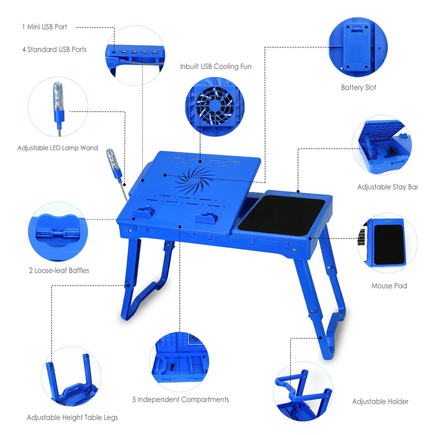 1Pc Foldable Laptop Table Bed Notebook Desk with Cooling Fan Mouse Board LED Light 4 USB Ports Breakfast Snacking Tray with Storage Groove for Home Office Use