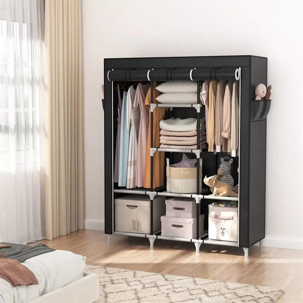 Portable Closet Large Wardrobe Closet Clothes Organizer with 6 Storage Shelves, 2 Hanging Sections 4 Side Pockets