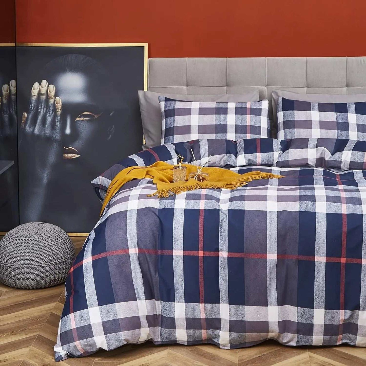 Navy Blue Plaid Queen Duvet Cover Set 3Pcs Tartan Bedding Sets Geometric Bedding Duvet Cover Sets Checker Buffalo Bedding with 2 X Pillow Cases
