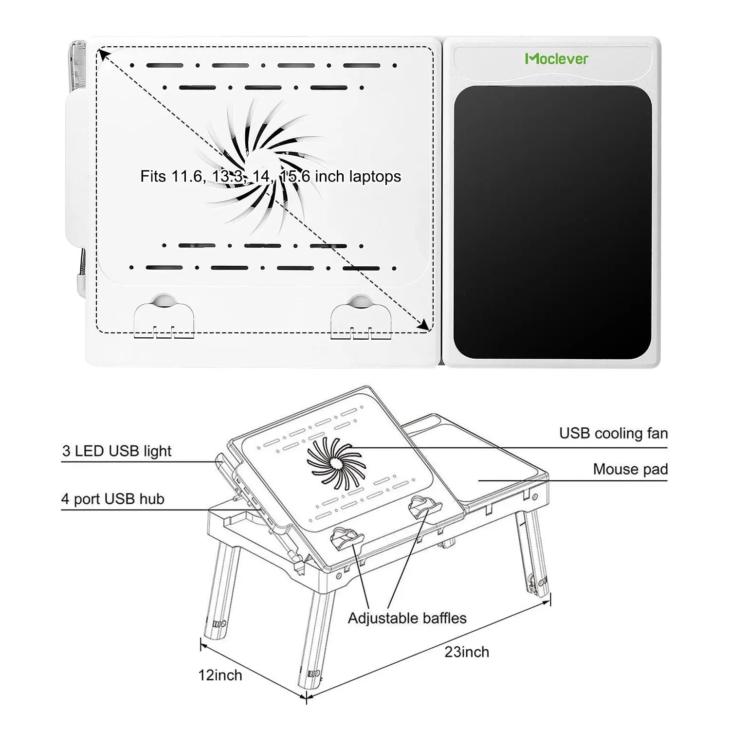 1Pc Foldable Laptop Table Bed Notebook Desk with Cooling Fan Mouse Board LED Light 4 USB Ports Breakfast Snacking Tray with Storage Groove for Home Office Use