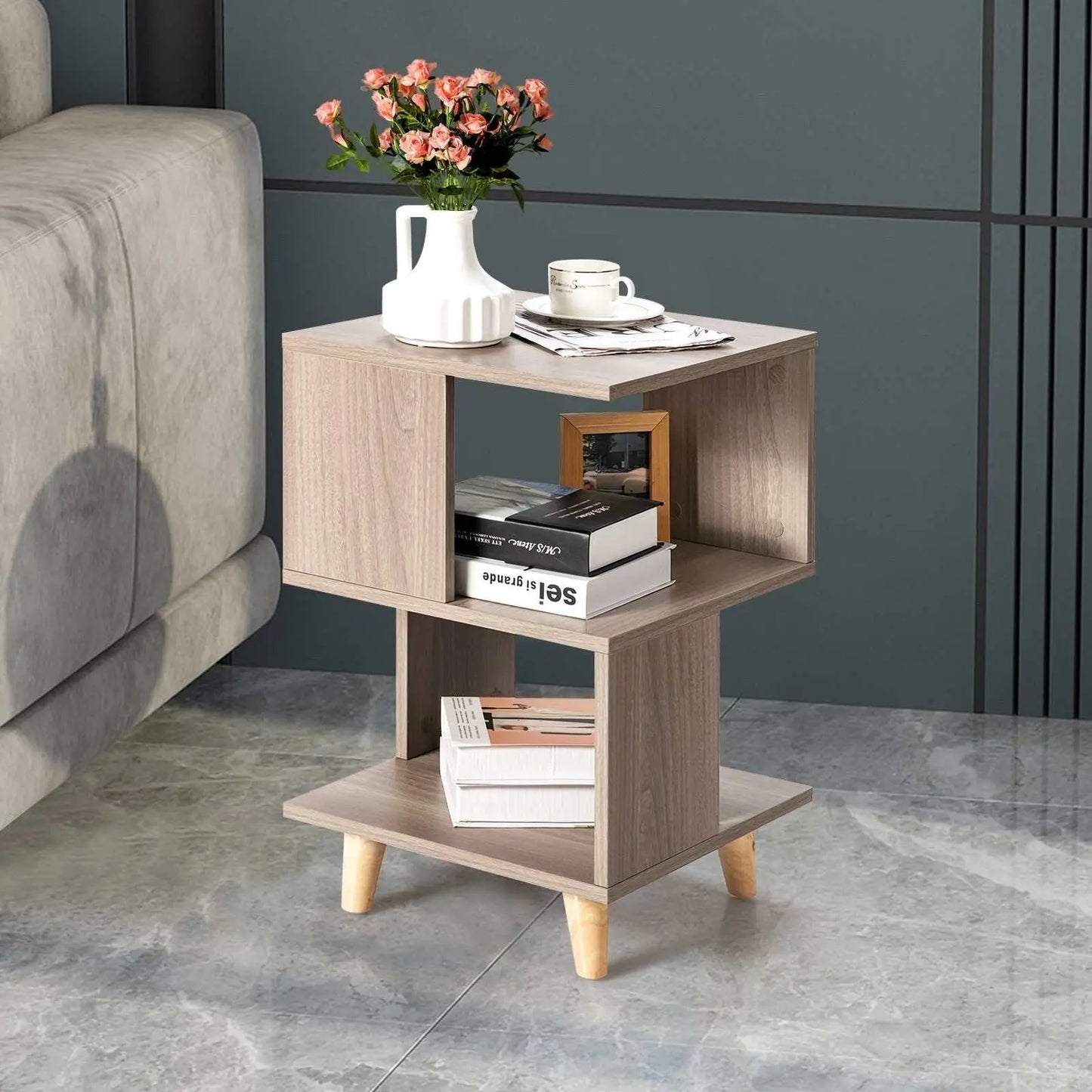 2 Pieces Wooden Modern Nightstand Set with Legs for Living Room