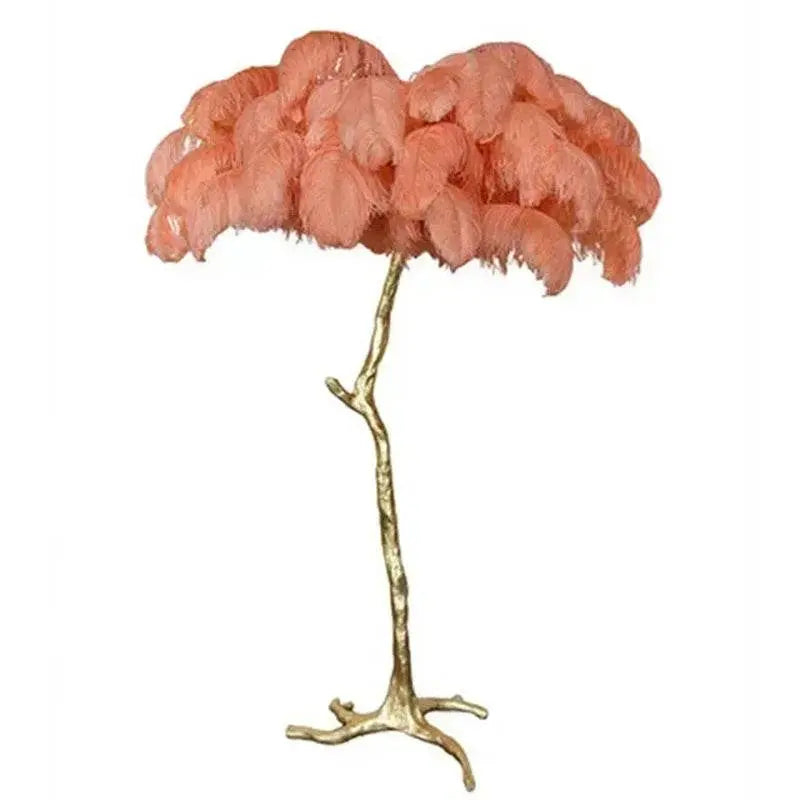 Nordic LED floor lamp with pink ostrich feather shade and gold-tone resin stand