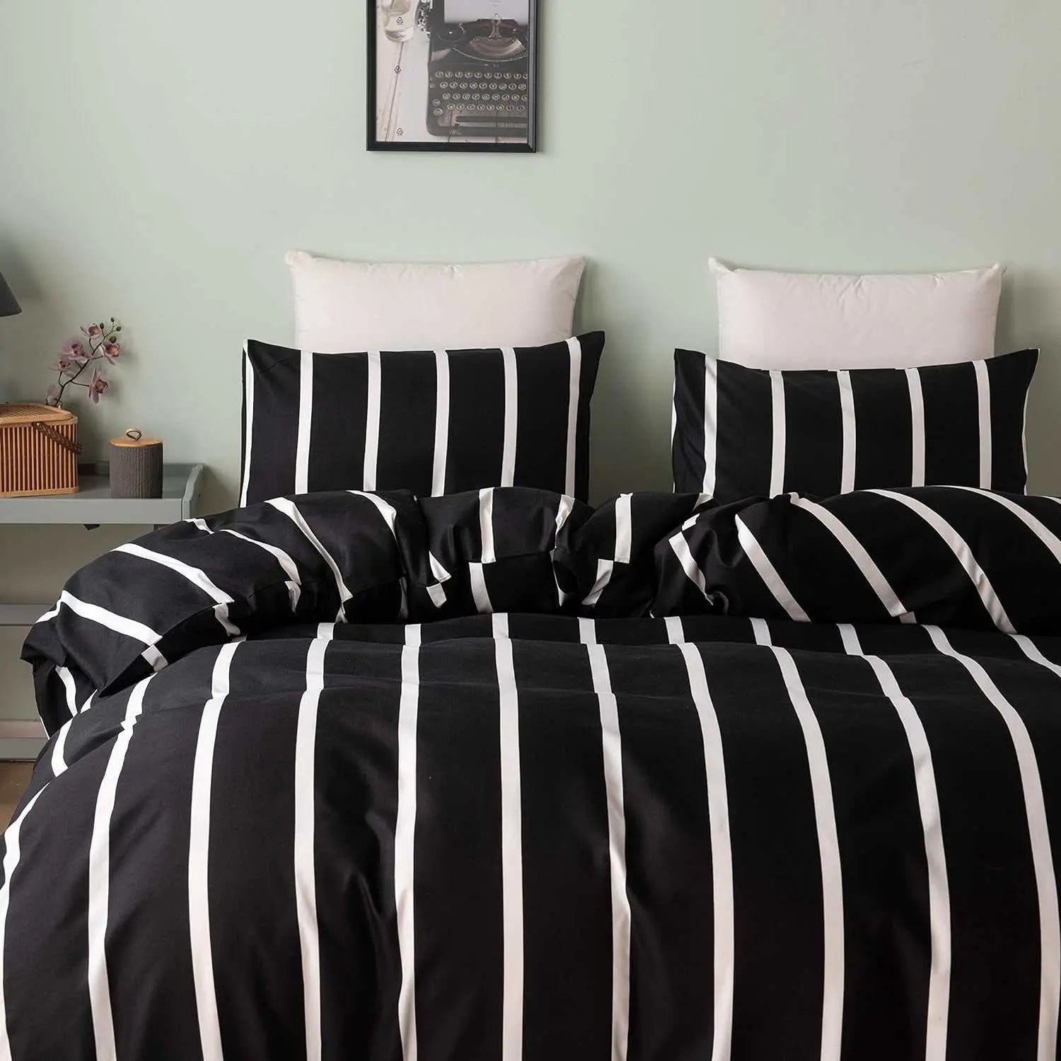 Black and White Striped Comforter Set Twin Microfiber Duvet Cover Set 68"X 90"With 1 Duvet Cover and 1 Pillow Sham Soft Lightweight 2 Pieces Bedding Set