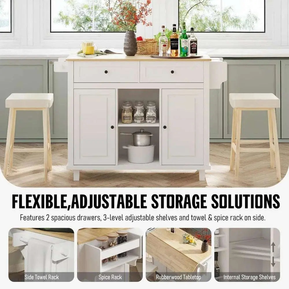 White kitchen island with storage, adjustable shelves, spice rack, towel rack, rubberwood tabletop, and two stools