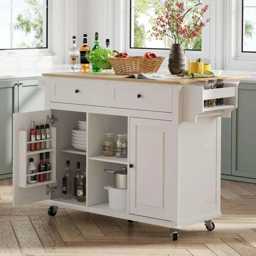 White kitchen island with storage, wooden countertop, drawers, cabinets, spice rack, and wheels for mobility
