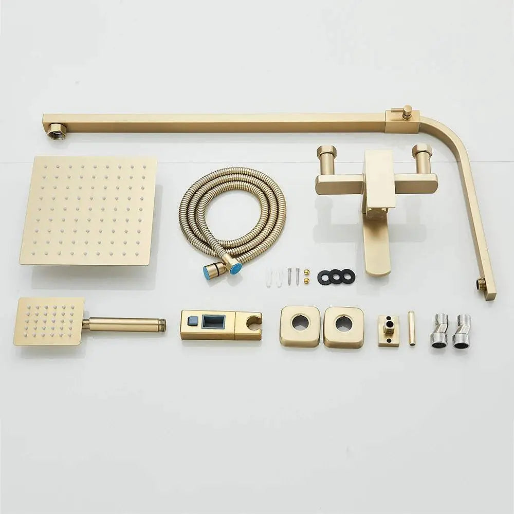 Gold brushed 3-in-1 shower system with rain showerhead, handheld spray, swivel spout, and bathtub faucet components