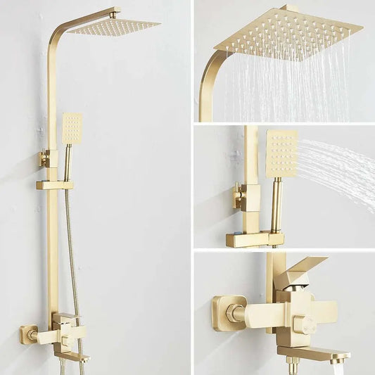 Gold brushed shower system with rain shower head, handheld shower, and swivel spout faucet in bathroom setting