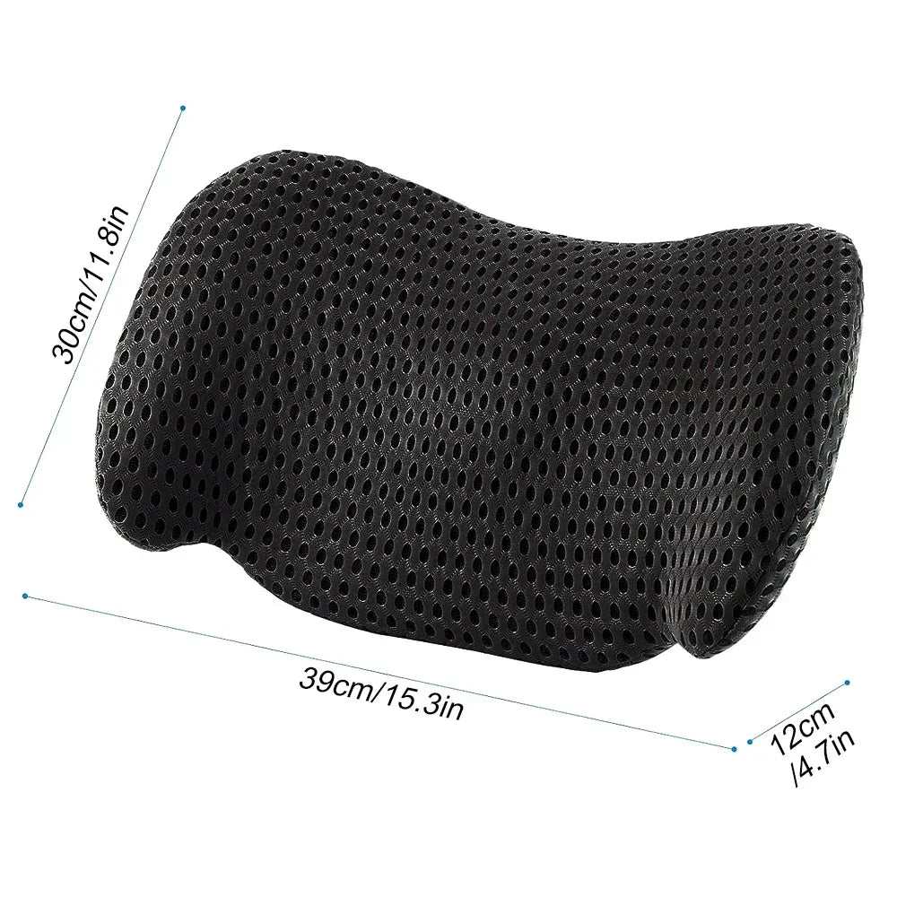 Black breathable mesh memory foam lumbar support pillow for office chair and car seat with ergonomic design and dimensions 39x30x12 cm