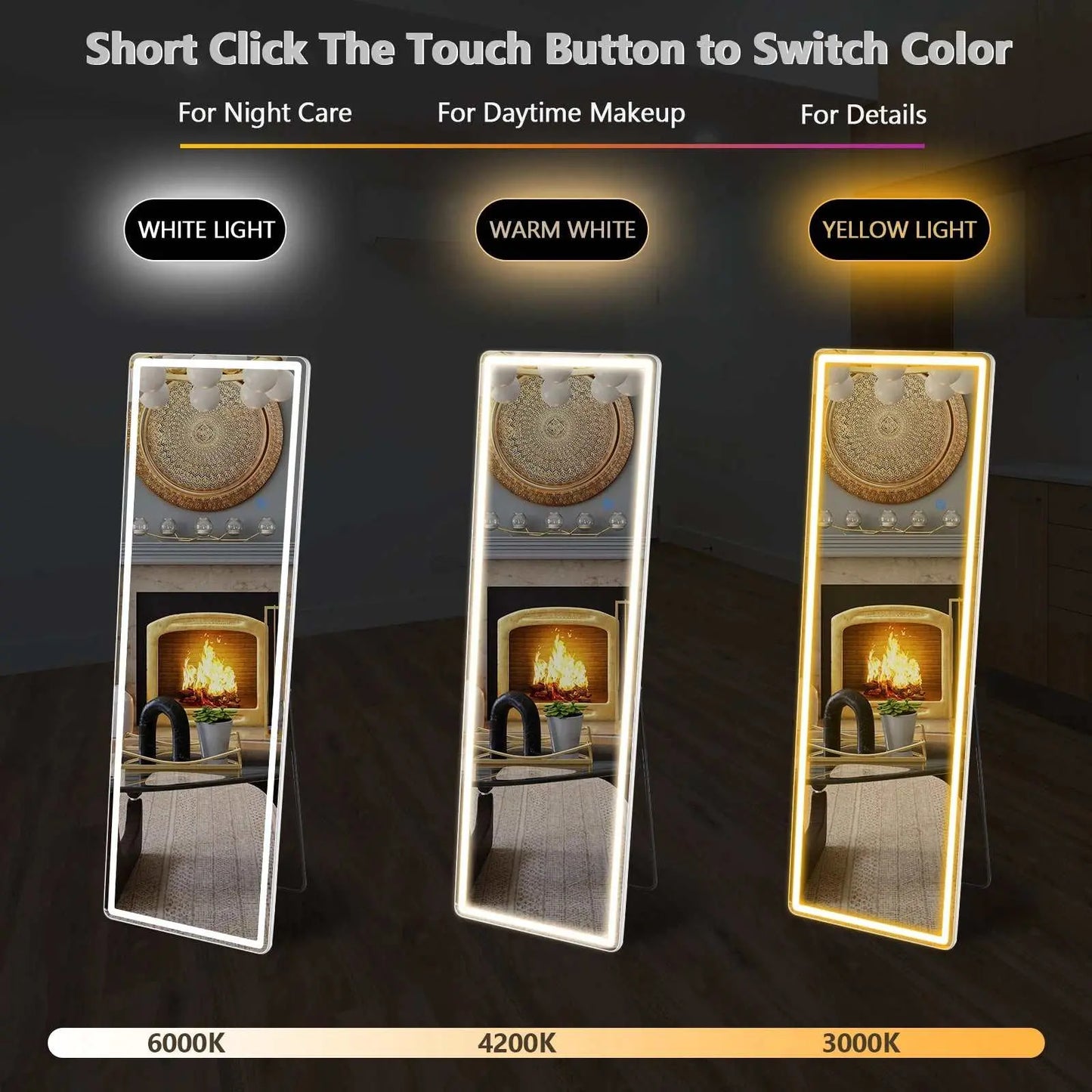 LED 64 x 21 full length mirror with touch button for adjustable white, warm white, and yellow light settings.