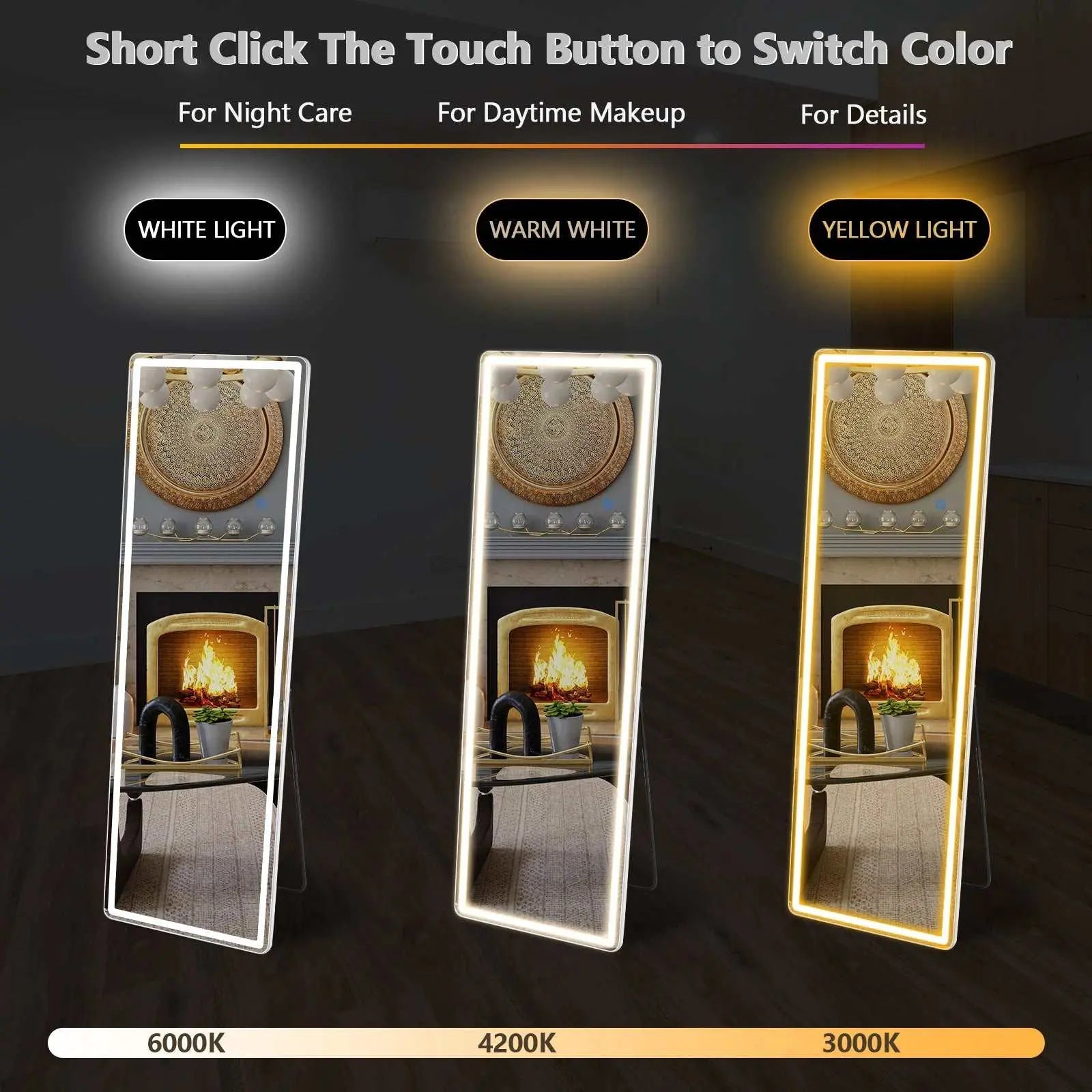 LED 64 x 21 full length mirror with touch button for adjustable white, warm white, and yellow light settings.