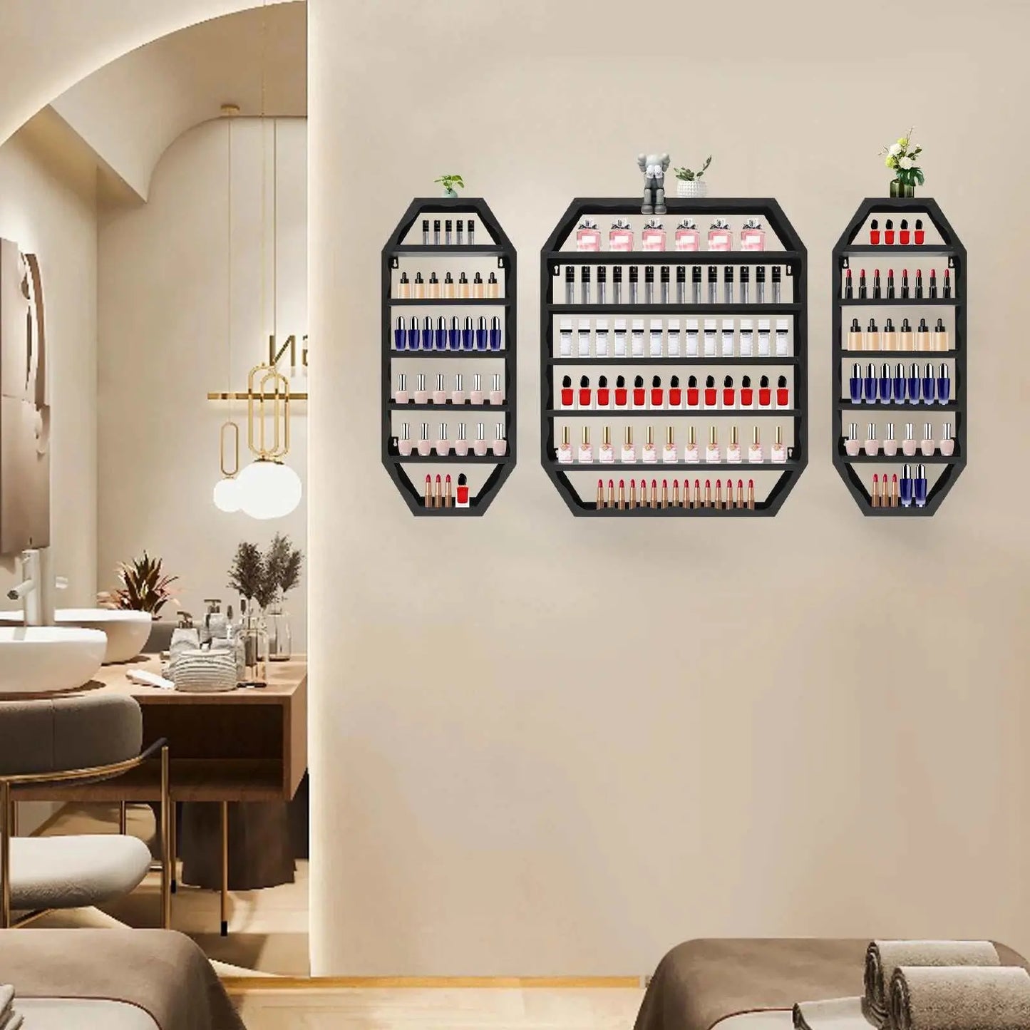 Modern black multi-tiers wall-mounted nail polish storage racks neatly displaying various nail polish bottles in a stylish home setting