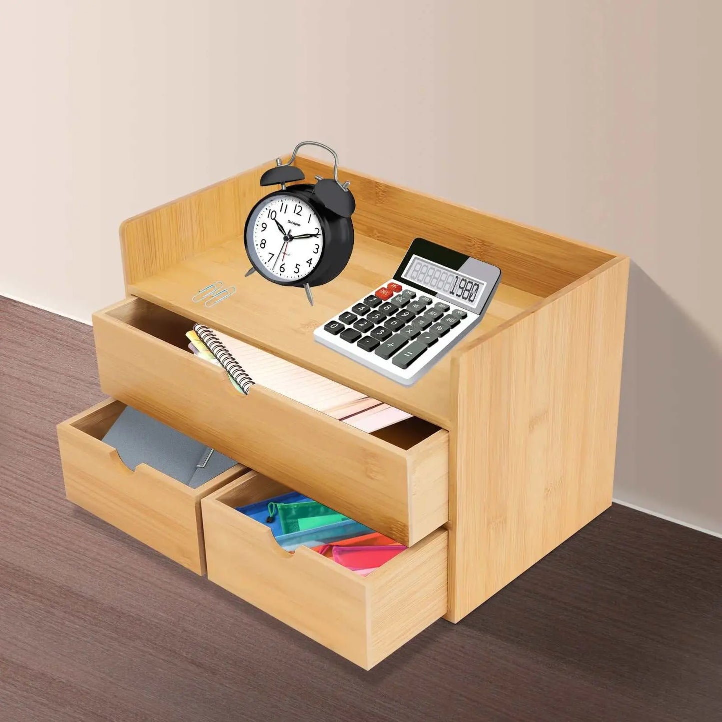 Natural bamboo floating shelves with three storage drawers and top space for organizing office supplies and decor items