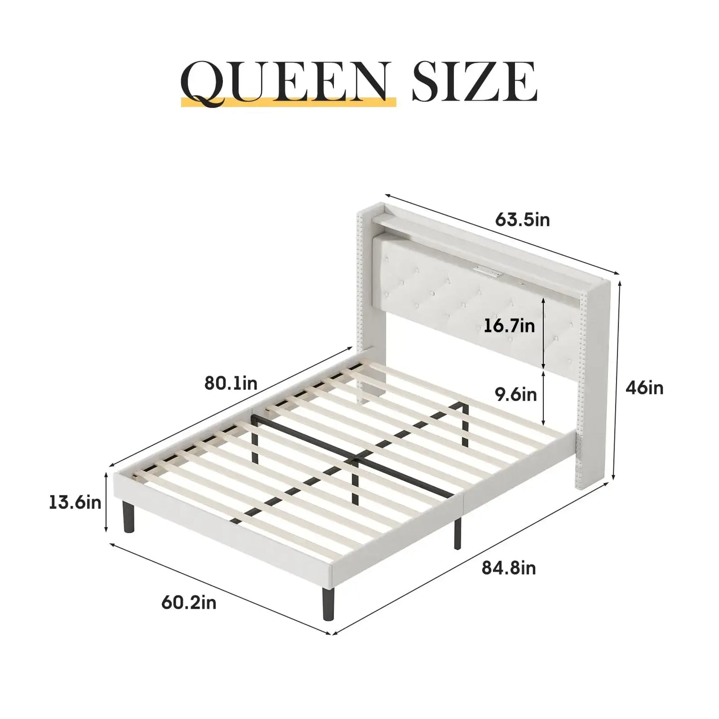 Queen Size Bed Frame with Headboard Upholstered Platform Bed Frame with Power Outlet&Led Bed Frame with Wingback Storage