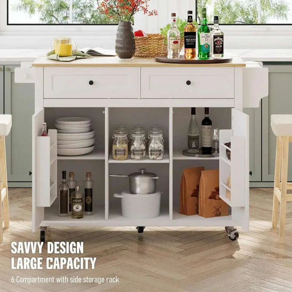 White kitchen island with storage compartments, two drawers, drop leaf countertop, and wheels for mobility.