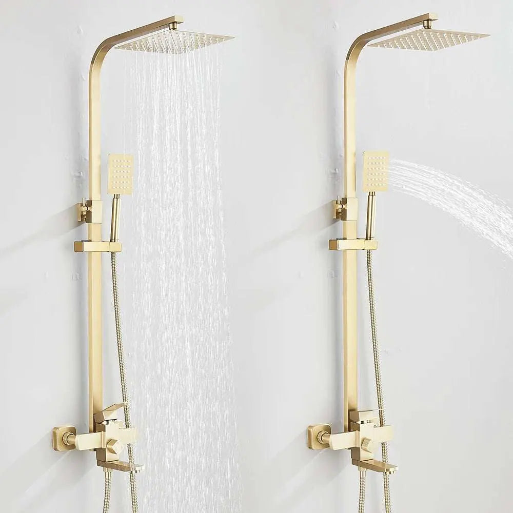 Gold brushed shower system with rain shower head and handheld spray faucet