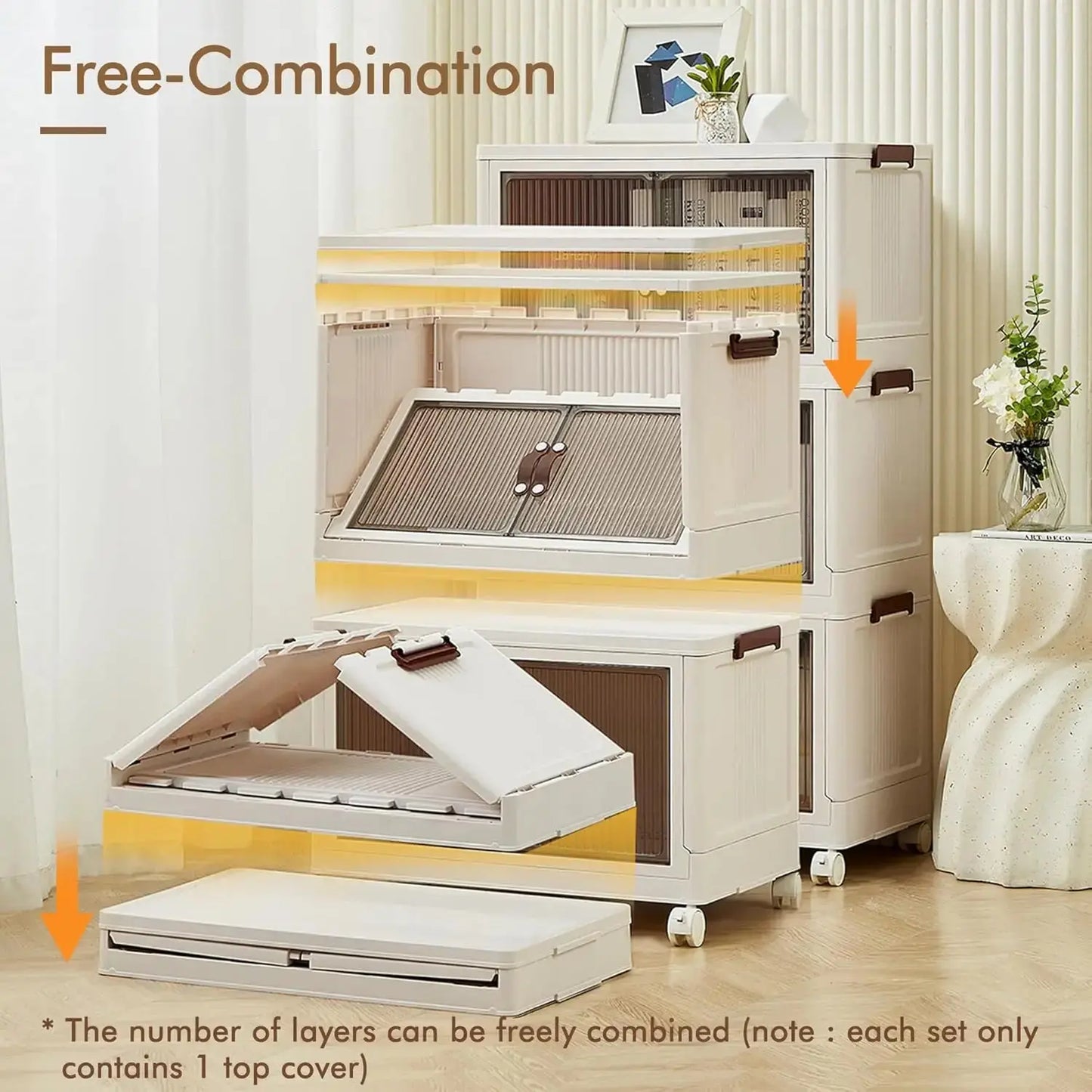 3-Tier Foldable Storage Box with Wheels, Stackable Collapsible Storage Box Portable Organizer Versatile Closet for Home/Office