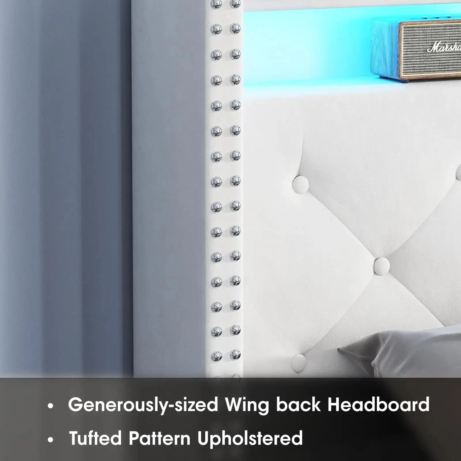 Queen Size Bed Frame with Headboard Upholstered Platform Bed Frame with Power Outlet&Led Bed Frame with Wingback Storage