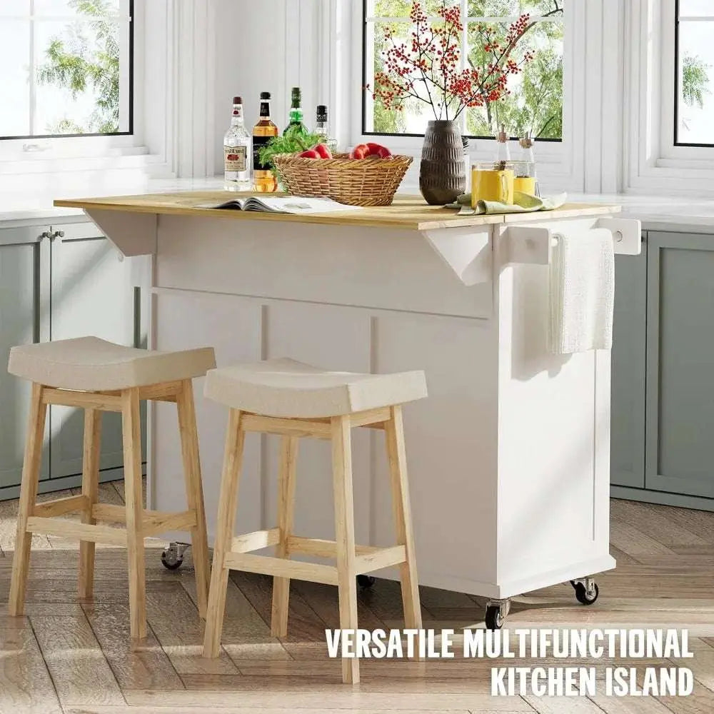 White kitchen island with wood countertop, storage drawers, drop leaf extension, and wheels for mobility