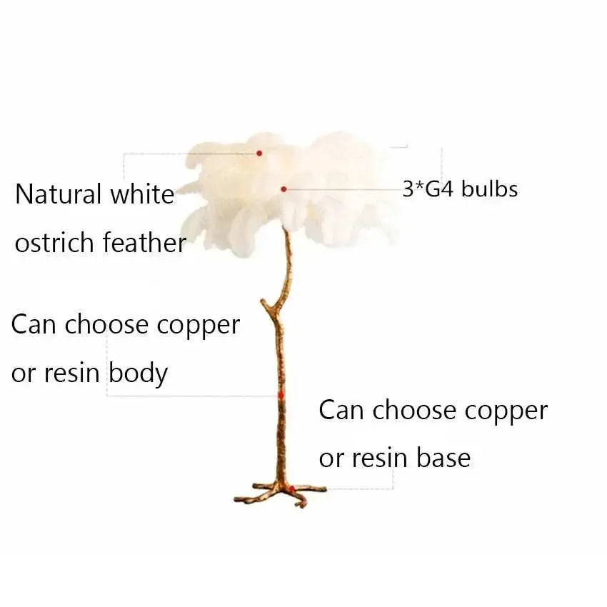 Nordic LED floor lamp with natural white ostrich feathers and copper or resin stand and base.