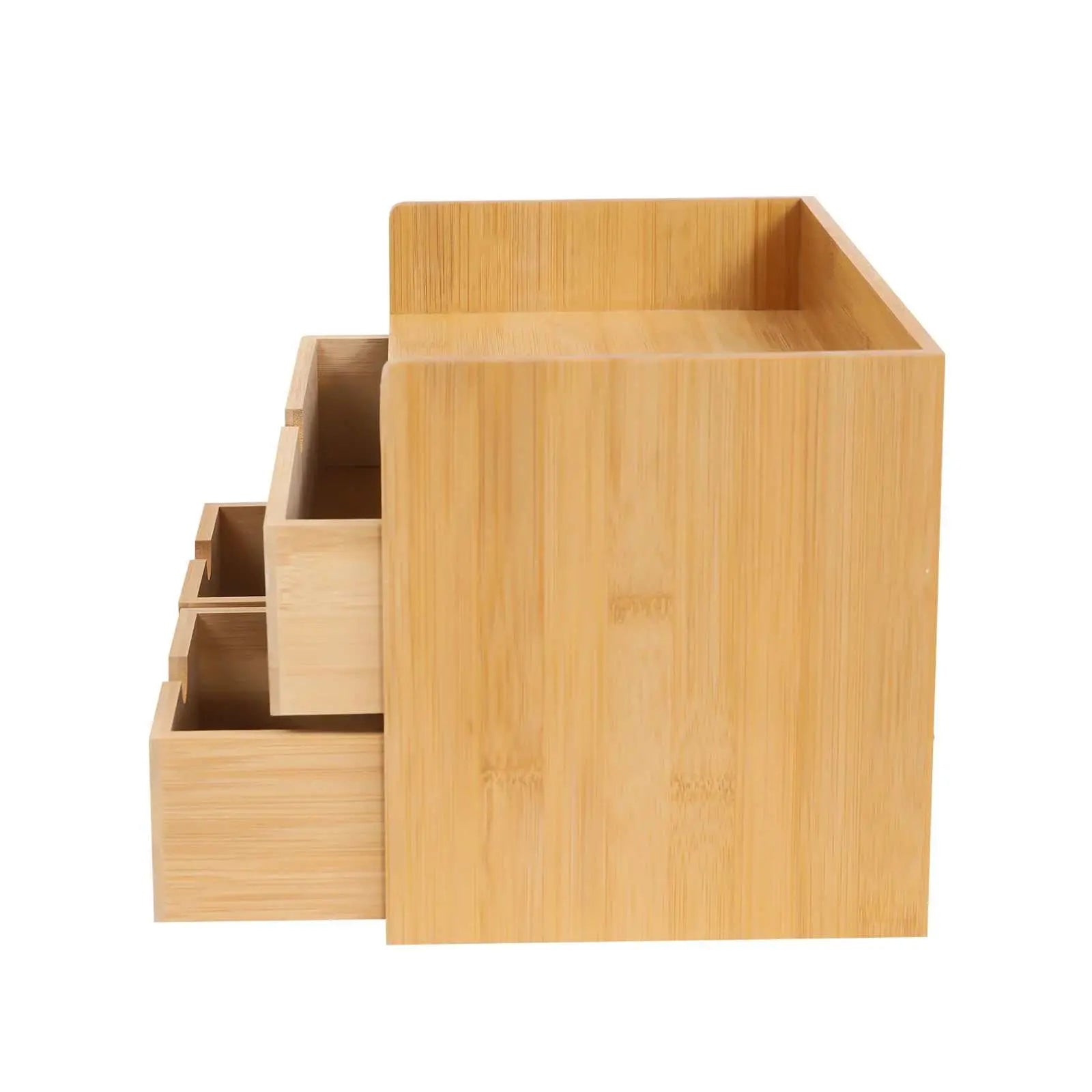Natural bamboo floating shelves with three storage drawers and top basket organizer for wall mounting