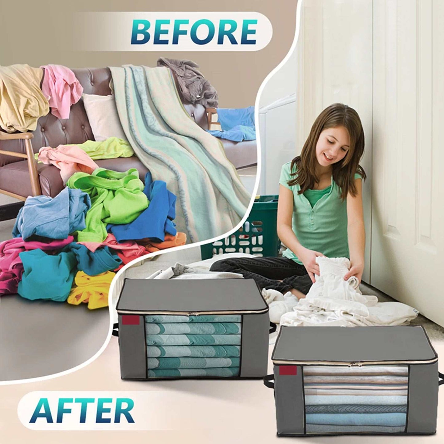 2 Pcs 80L + 2 Pcs 67L Large Underbed Storage Bags Organizer Container with Clear Window, Large Capacity Visible Underbed Storage Organizers for Comforters, Gray