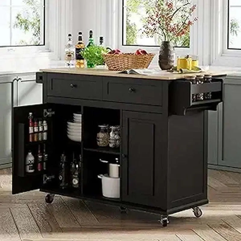Black kitchen island with storage on wheels, wooden countertop, multiple drawers and cabinets, spacious kitchen cart with organized shelves and rolling mobility