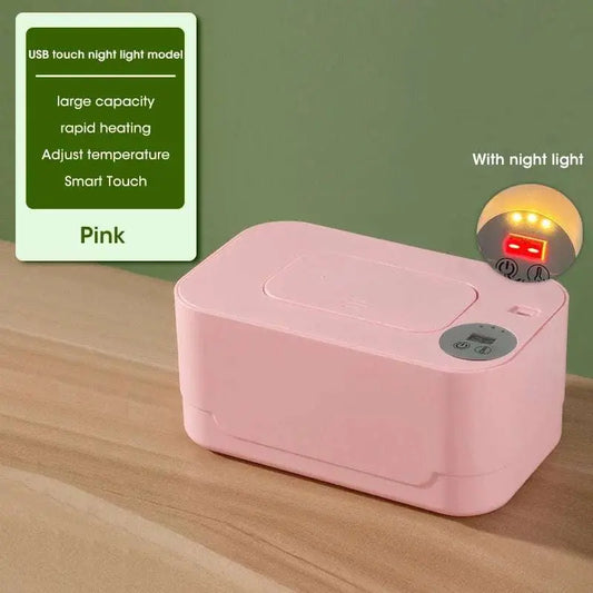 Portable pink baby wipe warmer with LED display, USB charging, night light, rapid heating, adjustable temperature, and large capacity design.
