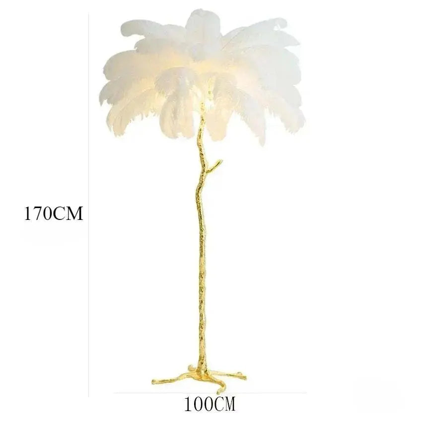 Nordic LED floor lamp with golden copper stand and white ostrich feather shade, 170cm tall, modern luxury indoor lighting.