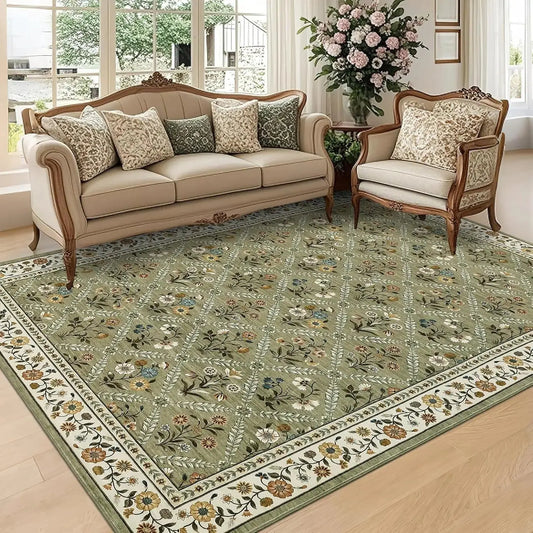 Washable Area Rugs for Living Room Soft Low-Pile Non-Slip Carpet Vintage Floor Rug for Bedroom Dining Room Home Office