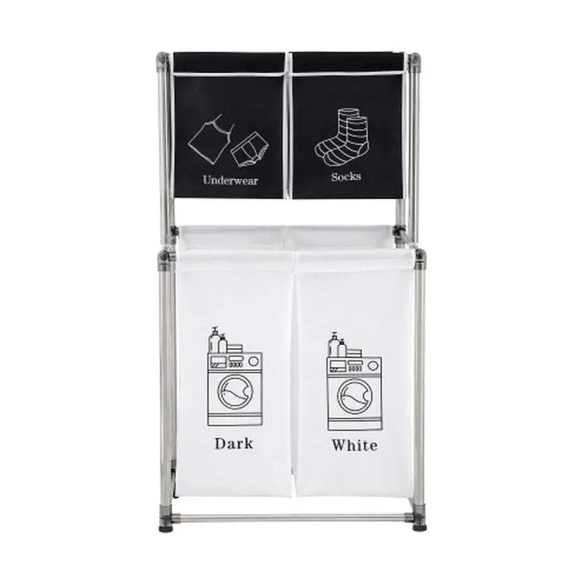 Laundry Hamper 2 Tier with 4 labeled removable bags for sorting underwear, socks, dark and white clothes in a black and white fabric frame.