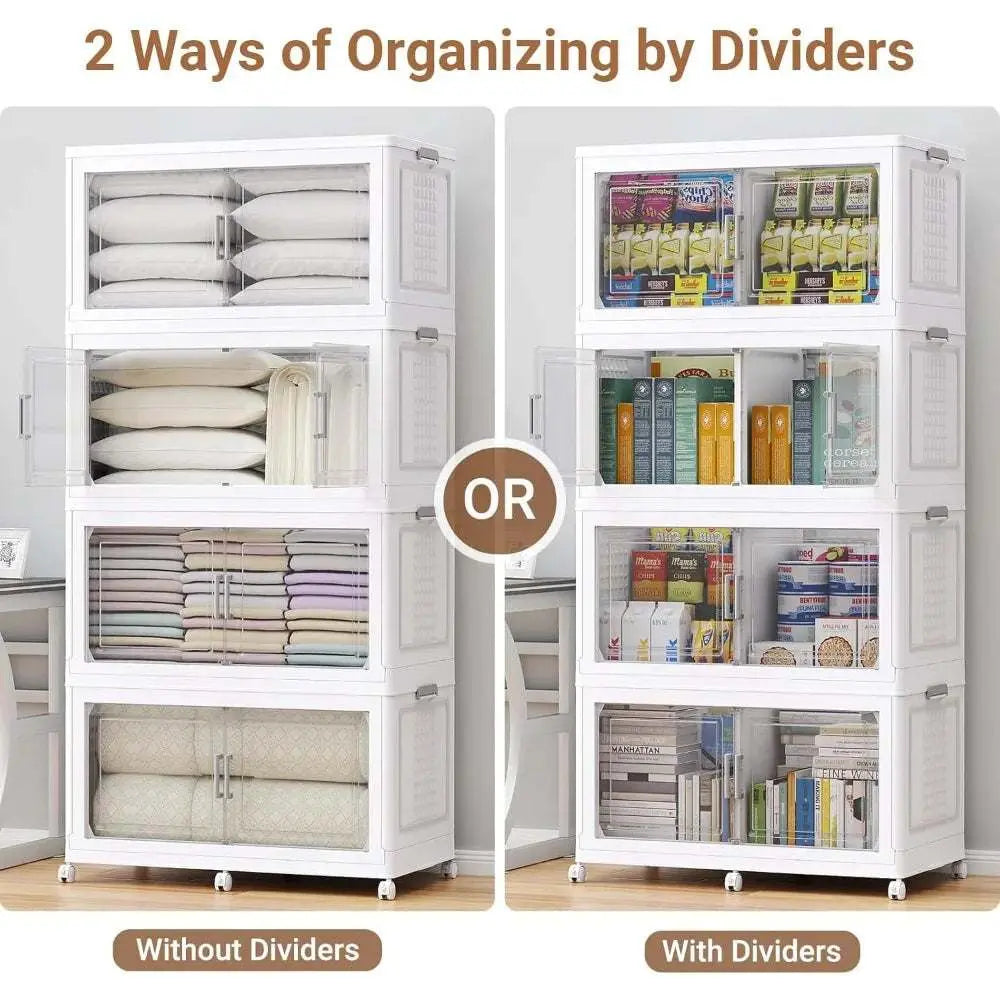 200Qt plastic storage bins with wheels and transparent doors, stackable with optional dividers for organized home storage