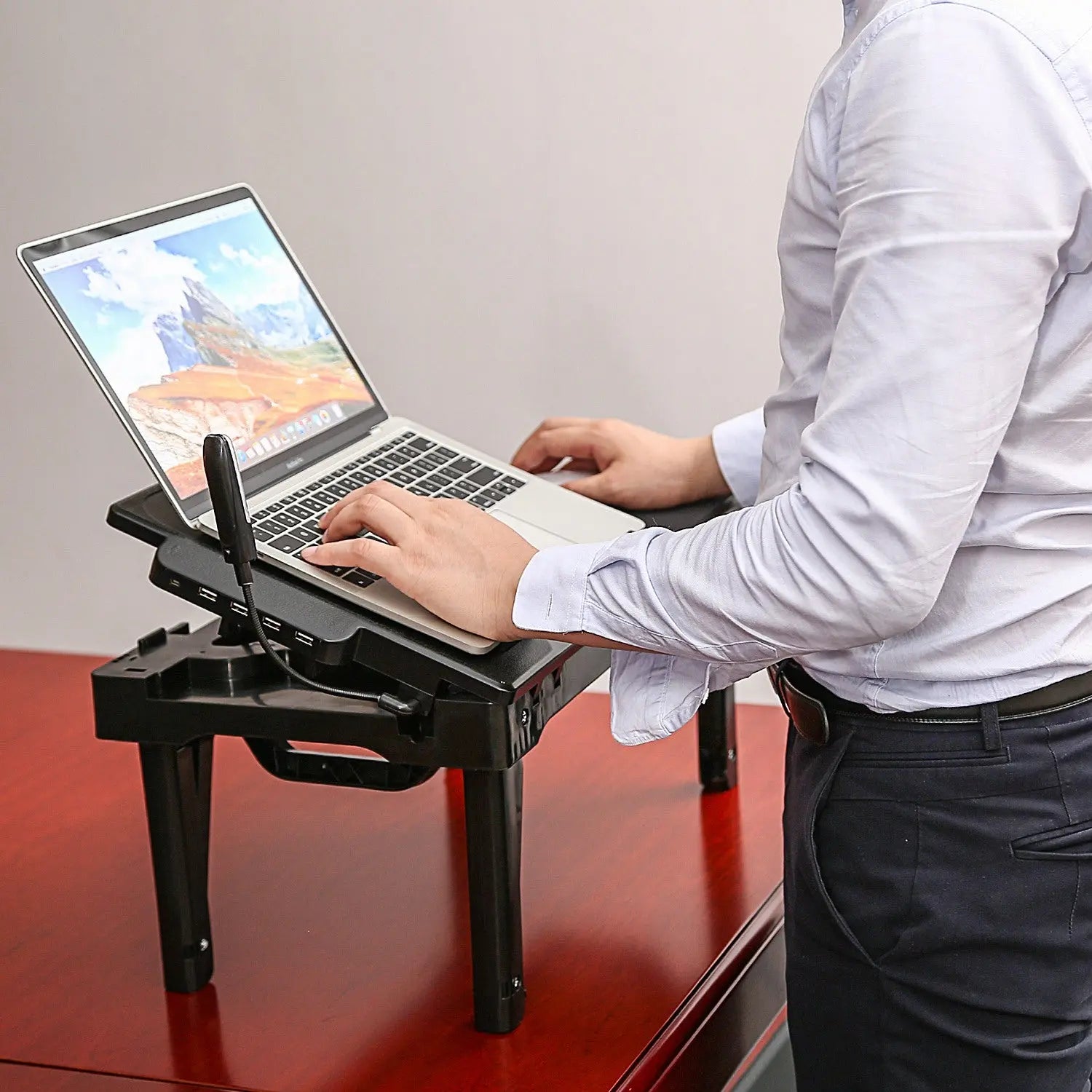 1Pc Foldable Laptop Table Bed Notebook Desk with Cooling Fan Mouse Board LED Light 4 USB Ports Breakfast Snacking Tray with Storage Groove for Home Office Use