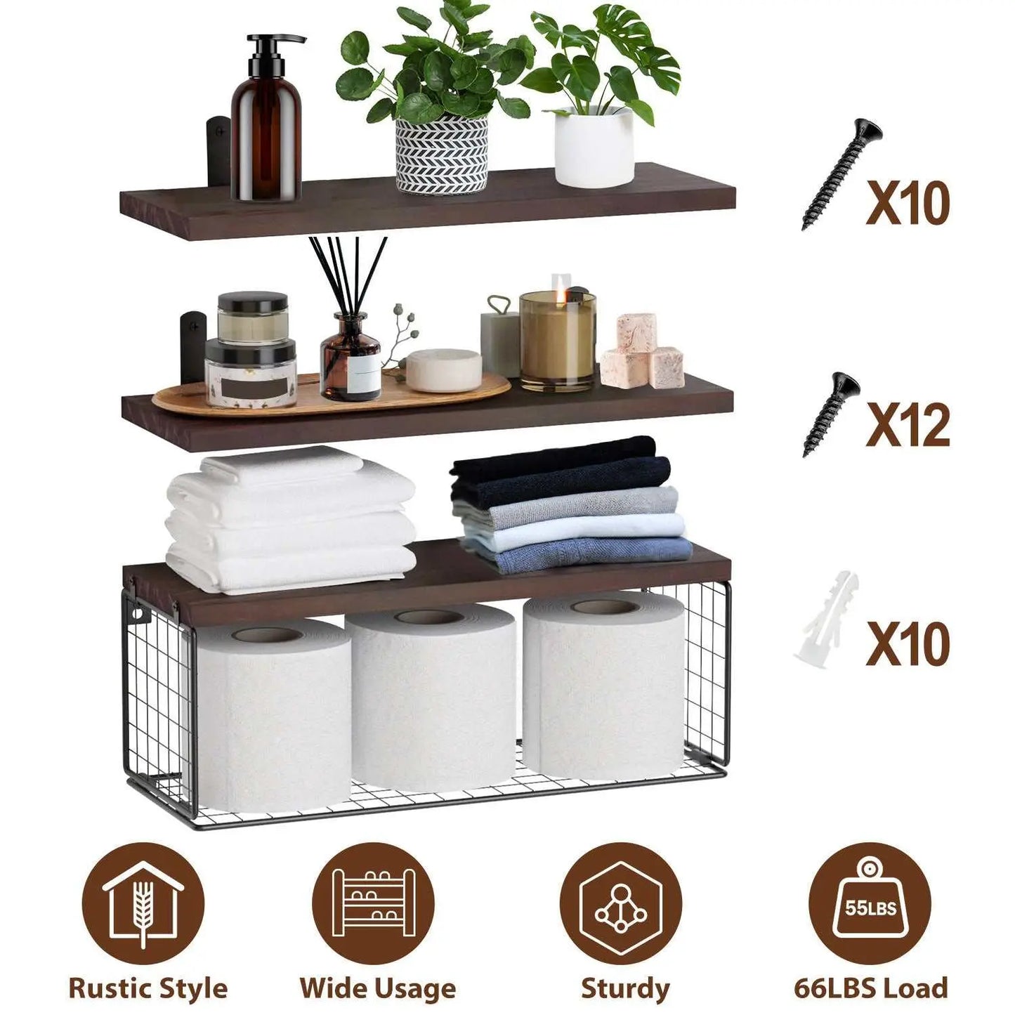 Rustic style floating shelves with storage basket, wall-mounted wooden shelves for bathroom and home organization, sturdy paulownia wood with iron basket, supports up to 66lbs.