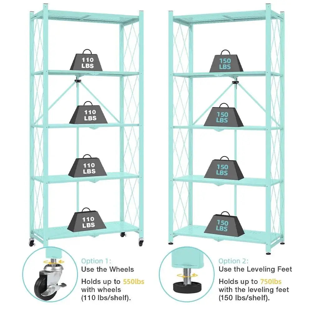 5-Tier Storage Shelving Unit, Metal Shelf 27.9"X13.4"X62.5, Foldable Storage Shelf with Wheels, Garage Shelf, Metal Storage Rack, Kitchen Shelf with 4 Hooks,No Assemble Require,Blue