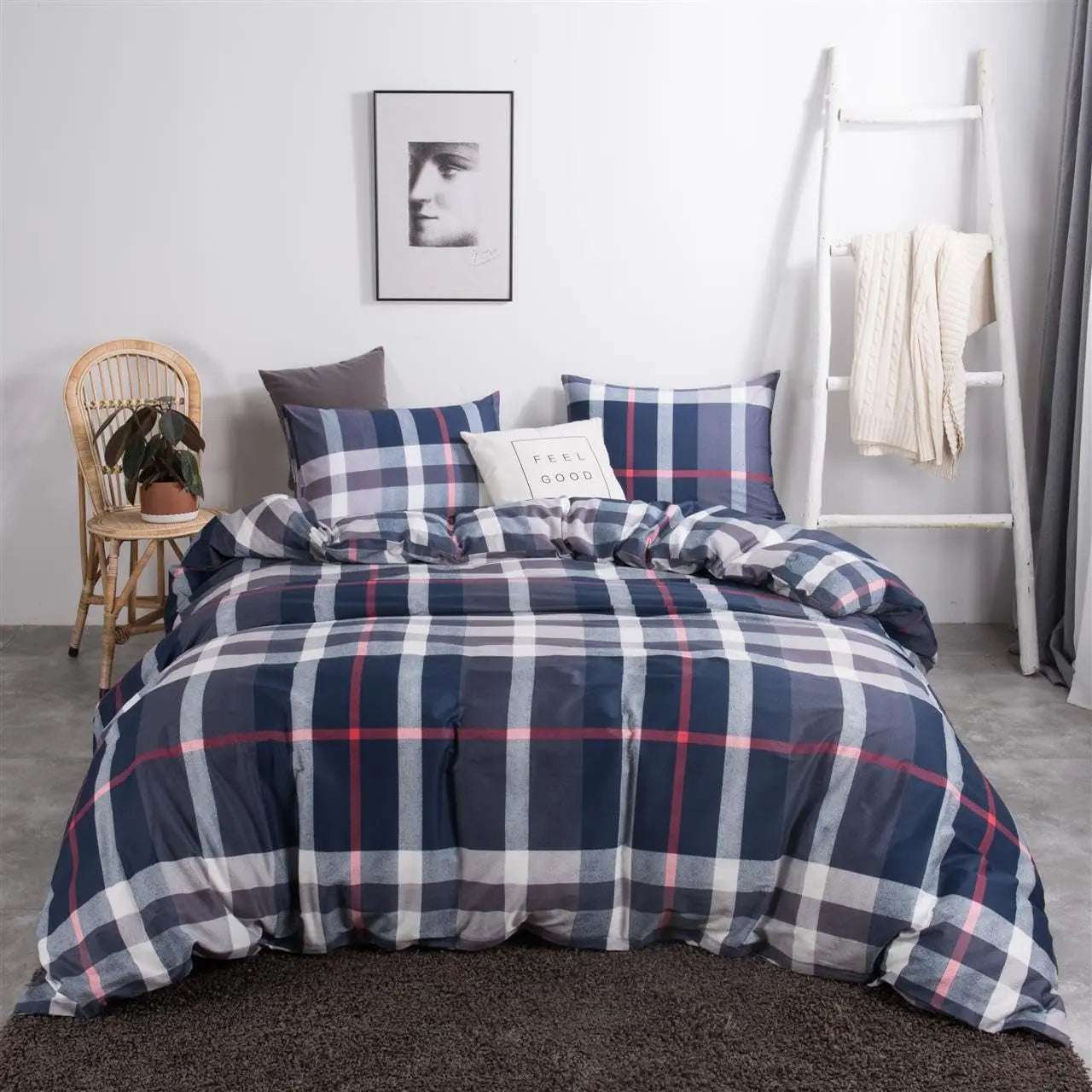 Navy blue plaid queen duvet cover set with matching pillowcases in blue, gray, and red plaid pattern, lightweight and breathable cotton microfiber bedding.
