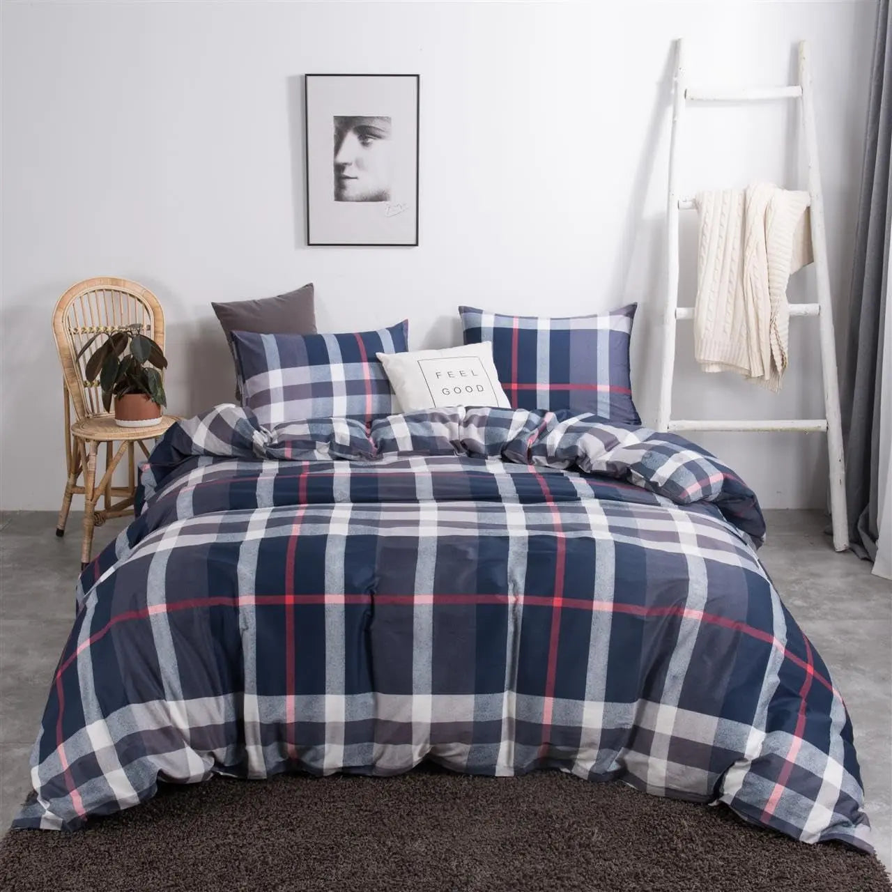 Navy blue plaid queen duvet cover set with matching pillowcases in blue, gray, and red plaid pattern, lightweight and breathable cotton microfiber bedding.
