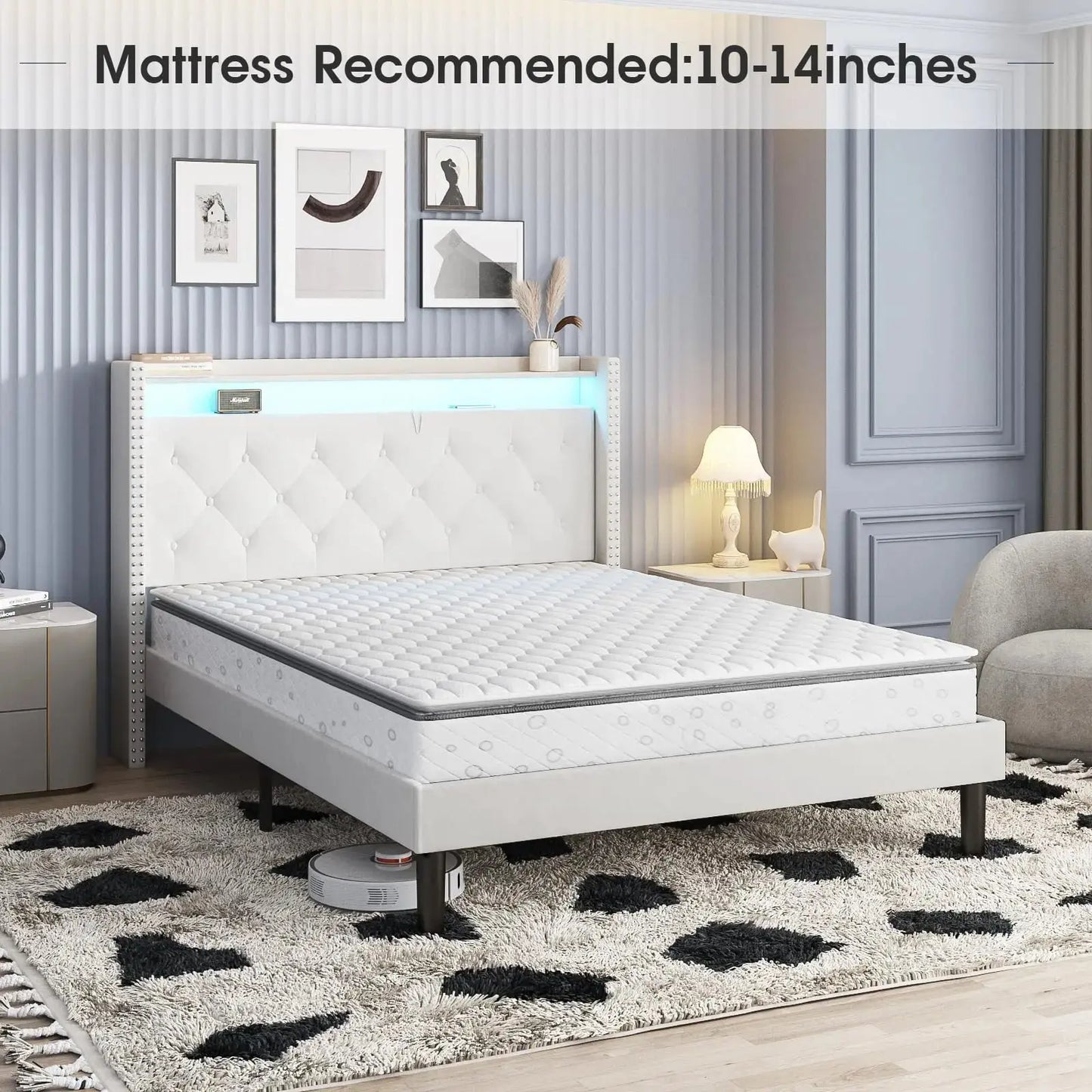 Queen Size Bed Frame with Headboard Upholstered Platform Bed Frame with Power Outlet&Led Bed Frame with Wingback Storage