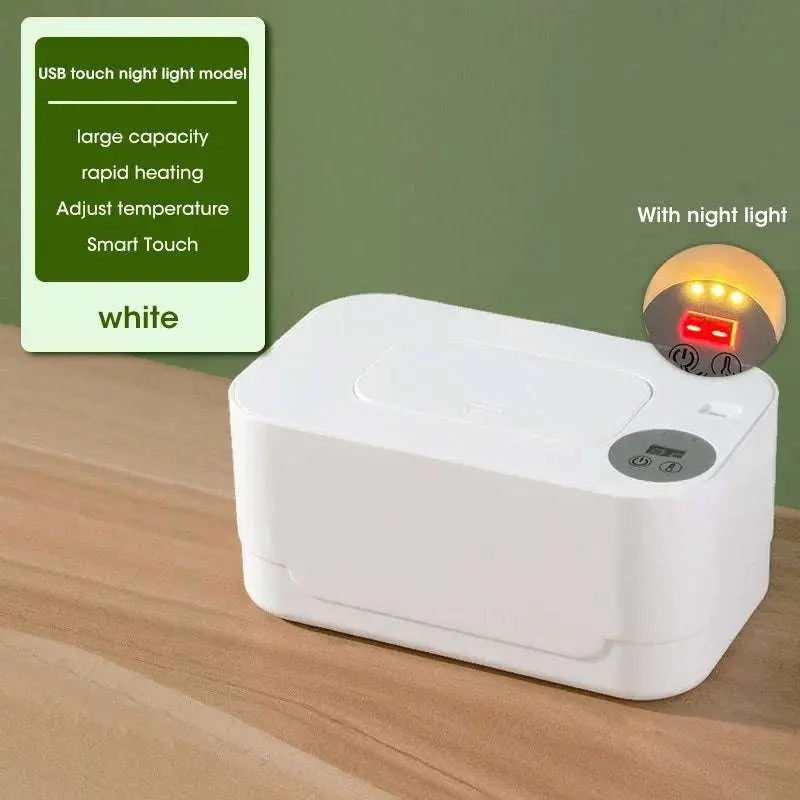 White portable baby wipe warmer with LED display, USB charging, and night light feature for home and car use