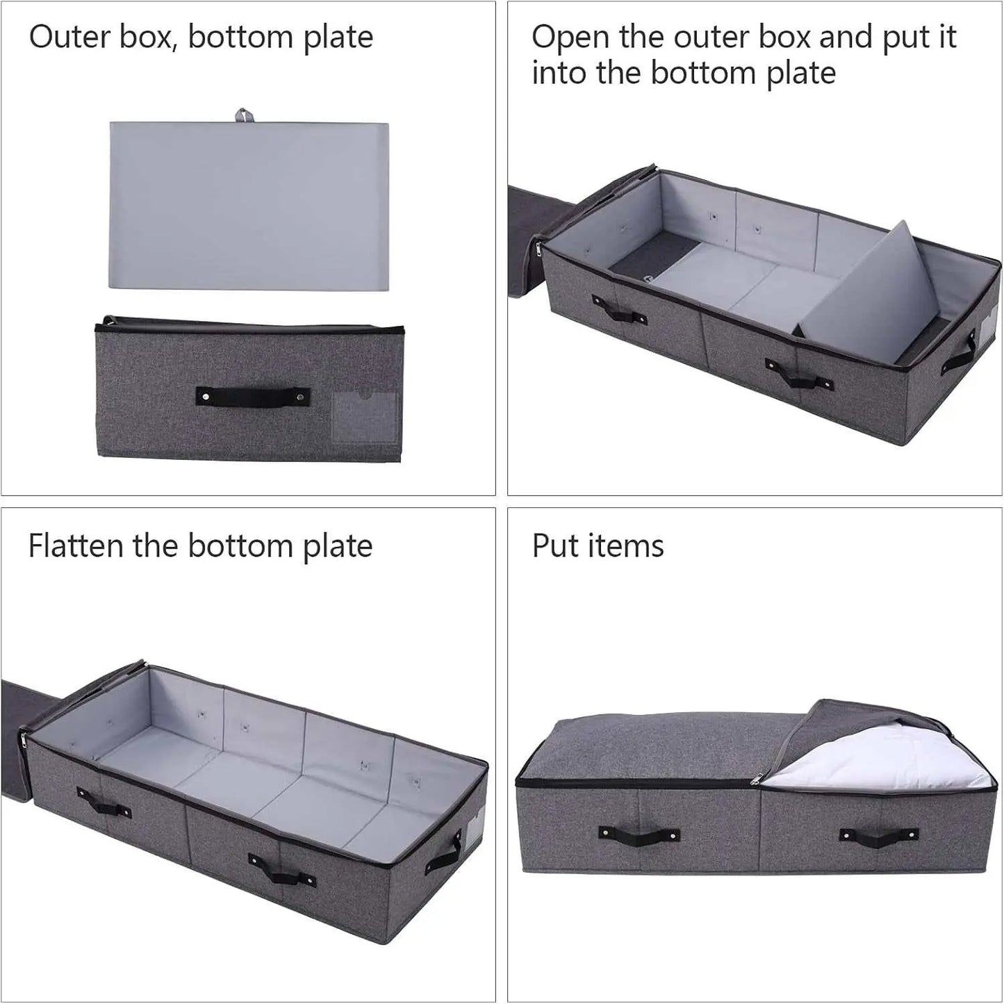 Foldable Fabric Sturdy under Bed Storage Box with 6 Handles, Zipper Lid, Blankets Clothes Comforters Storage Bin Organizer for Bedroom and Closet, 35X 16.5 X 7Inch, Black Grey