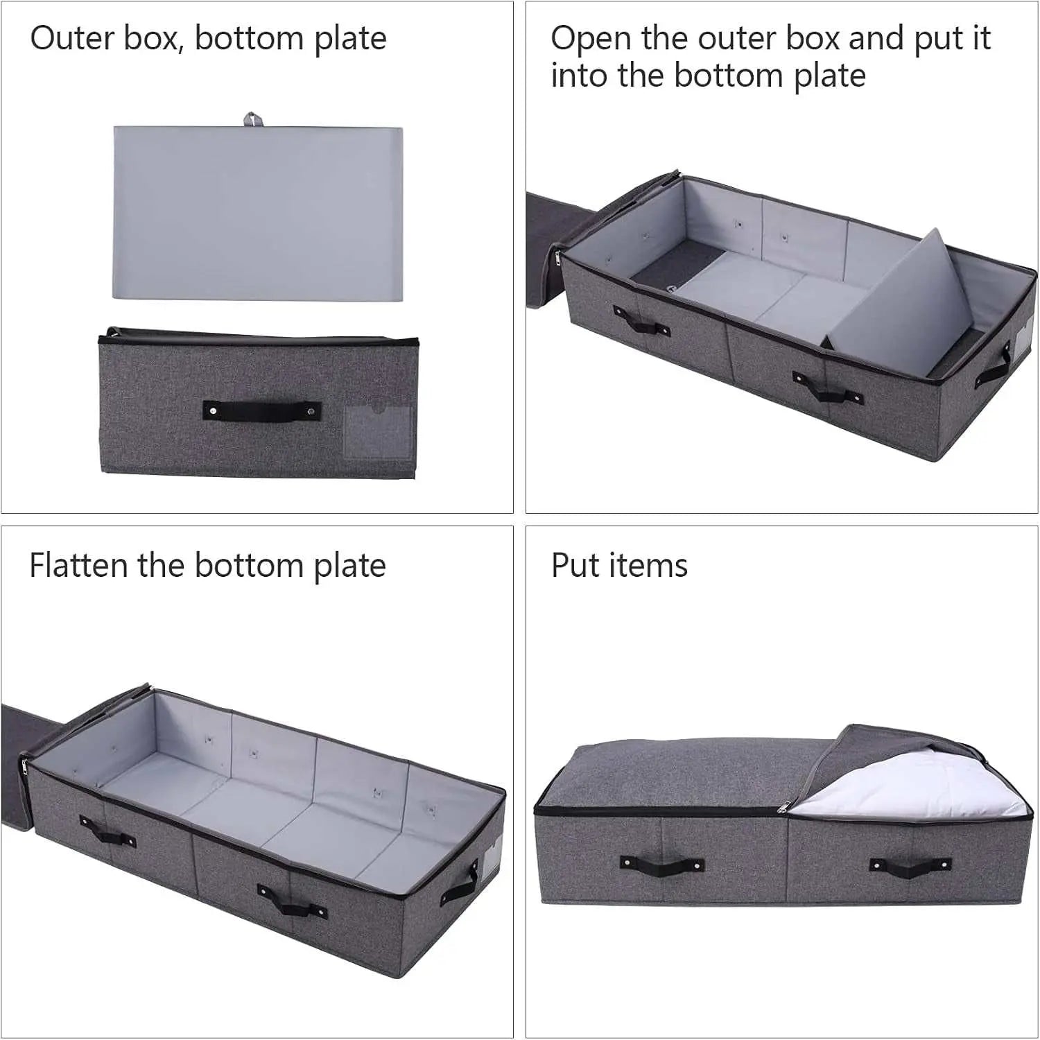 Foldable Fabric Sturdy under Bed Storage Box with 6 Handles, Zipper Lid, Blankets Clothes Comforters Storage Bin Organizer for Bedroom and Closet, 35X 16.5 X 7Inch, Black Grey